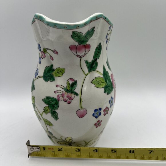 Antique Hand Painted Floral Porcelain Pitcher Handle Scalloped Rim Butterflies - Picture 9 of 10